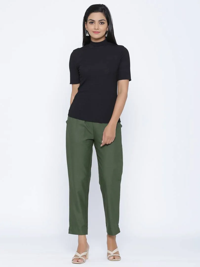 Fashionable Green Cotton Blend Solid Trouser Pant For Women