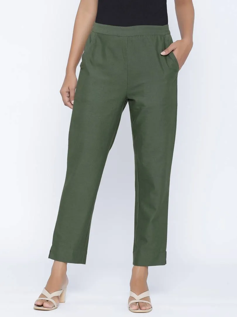 Fashionable Green Cotton Blend Solid Trouser Pant For Women