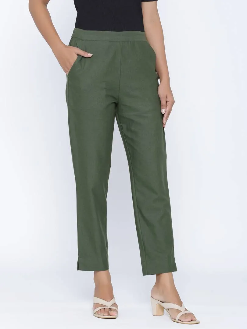 Fashionable Green Cotton Blend Solid Trouser Pant For Women