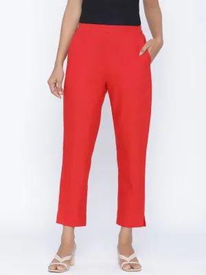 Fashionable Red Cotton Blend Solid Trouser Pant For Women