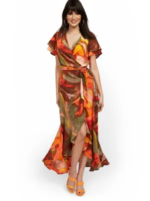 Flutter-Sleeve Wrap Maxi Dress