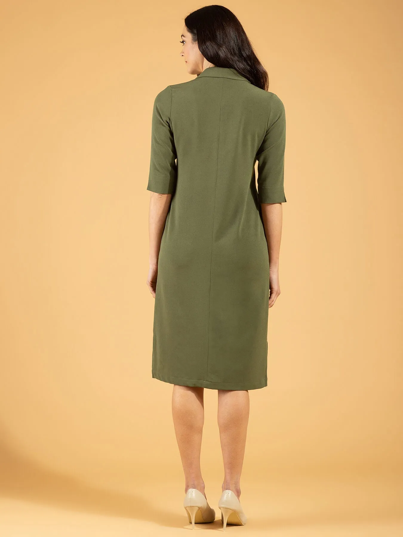 Front Pocket Lapel Dress - Moss Green