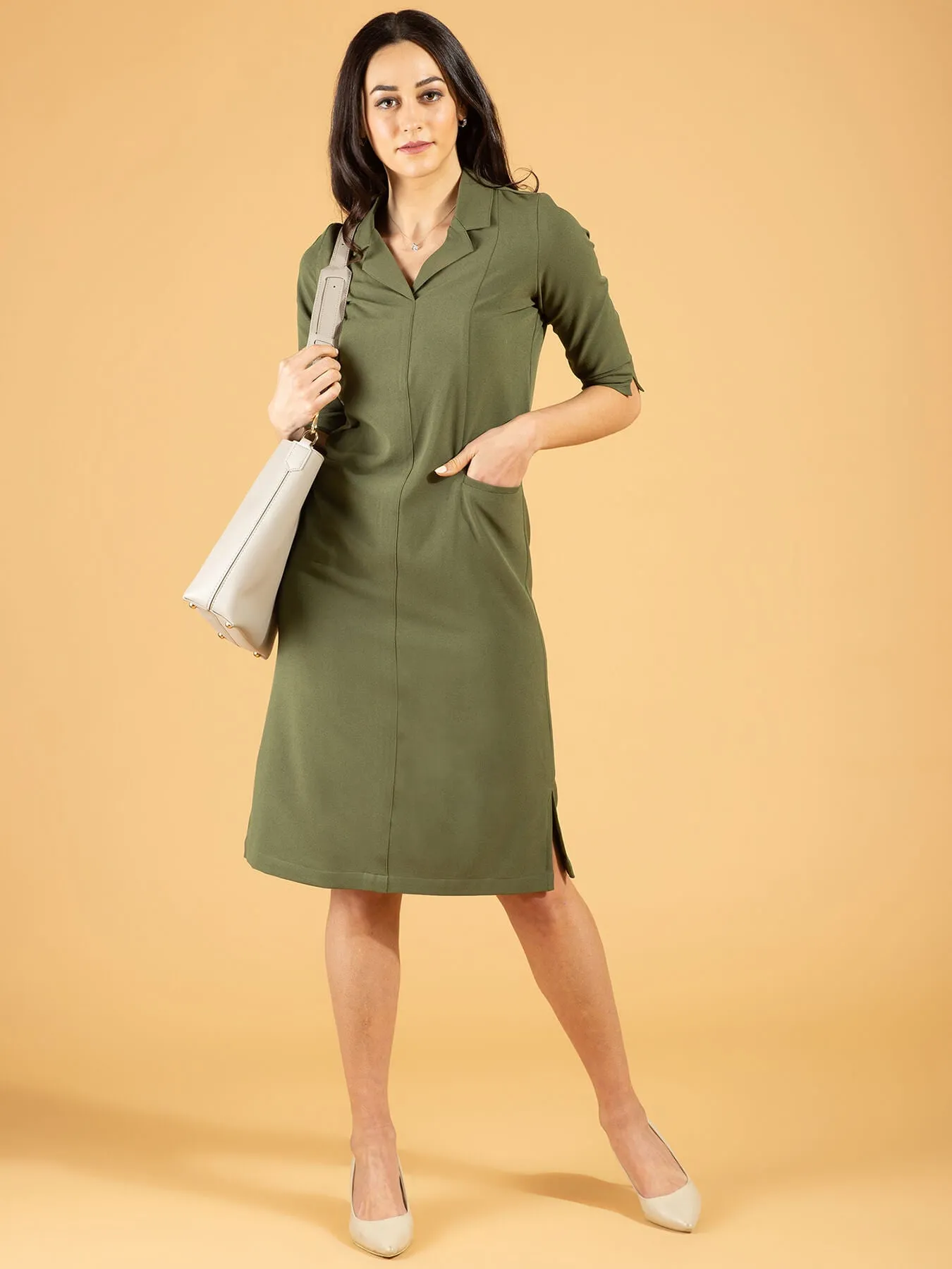 Front Pocket Lapel Dress - Moss Green