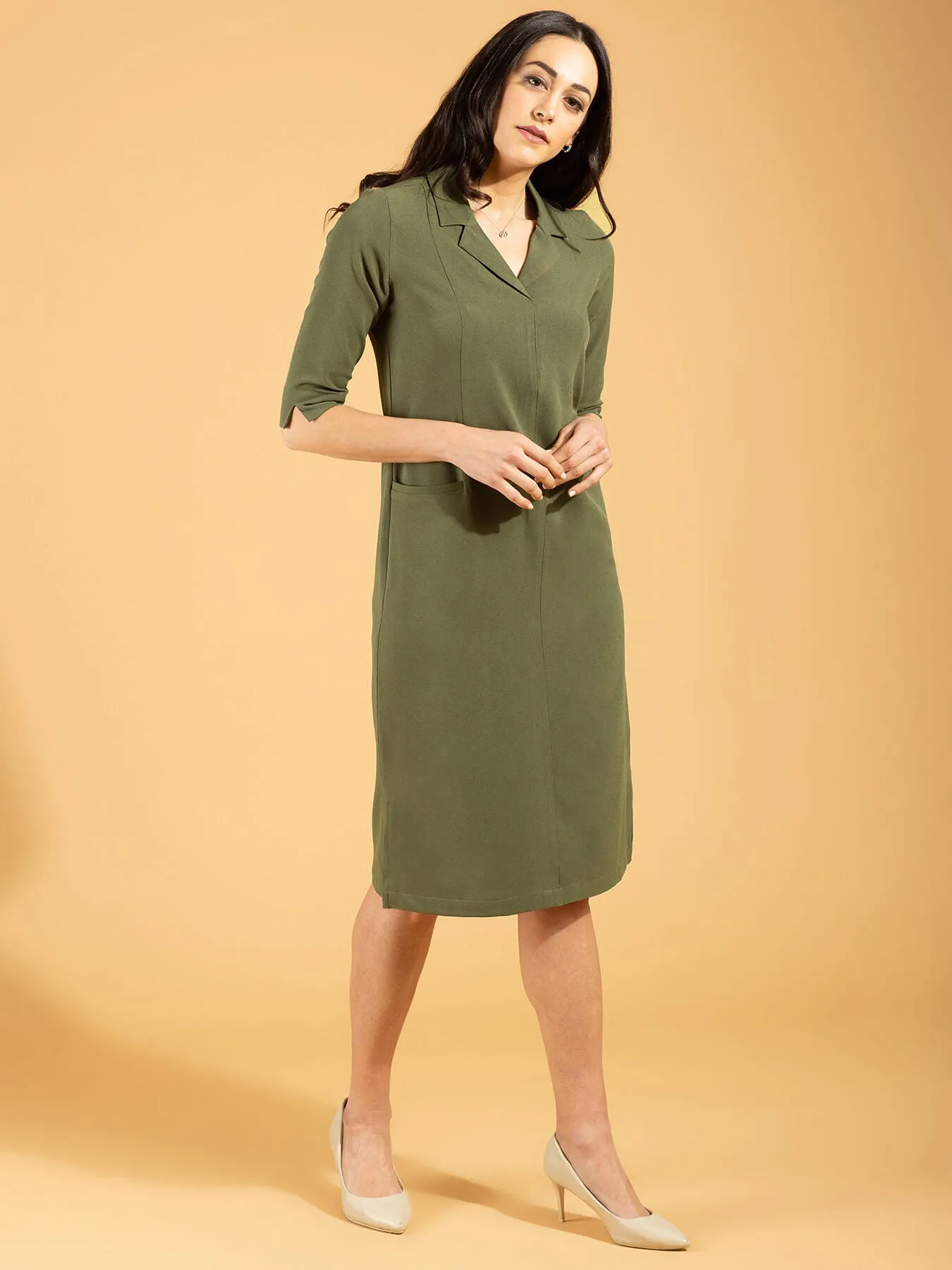 Front Pocket Lapel Dress - Moss Green