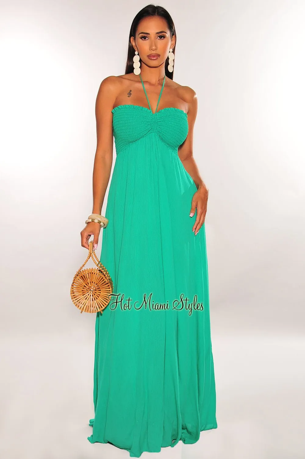 Green Smocked Halter Maxi Dress