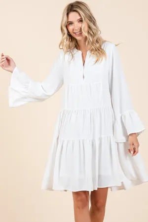 Ivory Textured Long Bell Sleeve Tiered Mini Dress