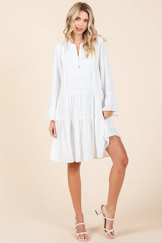 Ivory Textured Long Bell Sleeve Tiered Mini Dress