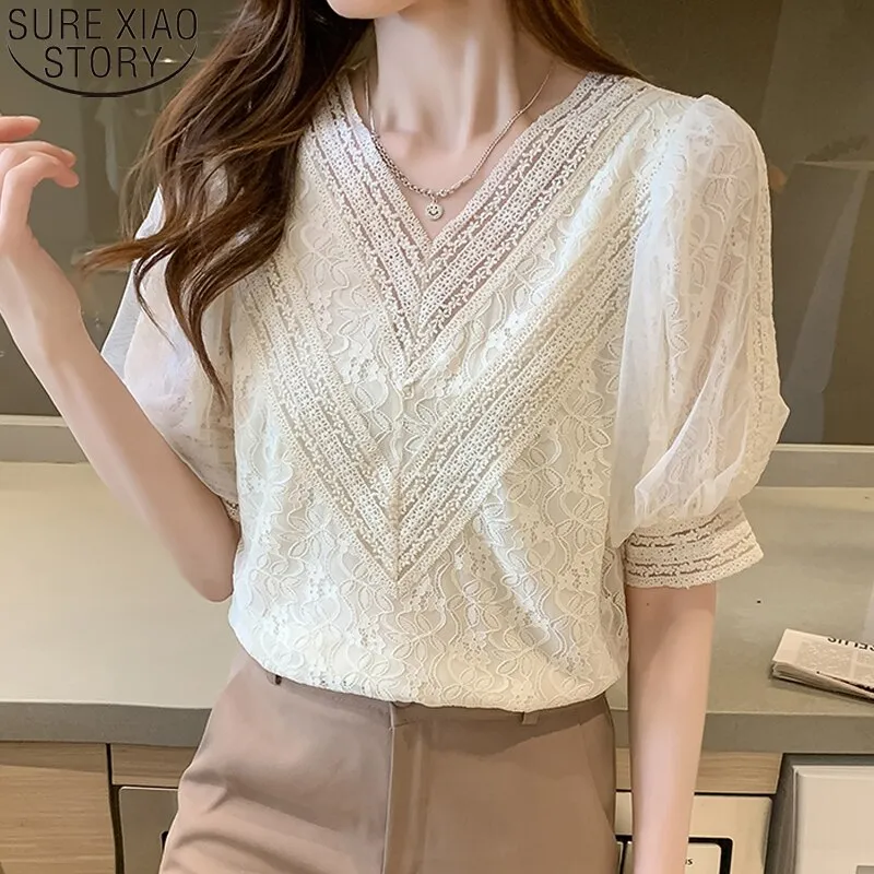 Joskaa Christmas Gift Elegant Apricot Lace Blouse Fashion V-neck Puff Short Sleeve Shirt Women Tops 2024 Summer New Clothes Blusas De Mujer 15537