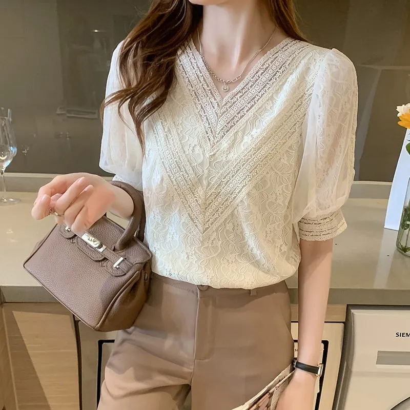 Joskaa Christmas Gift Elegant Apricot Lace Blouse Fashion V-neck Puff Short Sleeve Shirt Women Tops 2024 Summer New Clothes Blusas De Mujer 15537