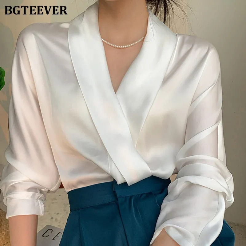 Joskaa Elegant V-neck Satin Women Blouses 2024 Autumn Ladies Blusas Full Sleeve Loose Office Wear Female Shirts Tops