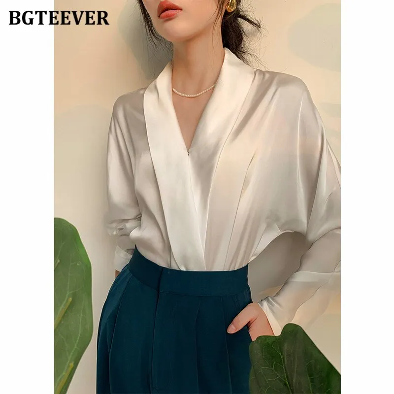 Joskaa Elegant V-neck Satin Women Blouses 2024 Autumn Ladies Blusas Full Sleeve Loose Office Wear Female Shirts Tops