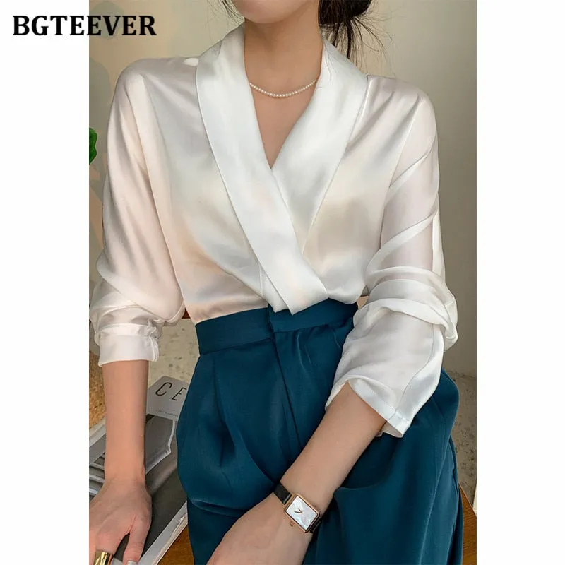 Joskaa Elegant V-neck Satin Women Blouses 2024 Autumn Ladies Blusas Full Sleeve Loose Office Wear Female Shirts Tops