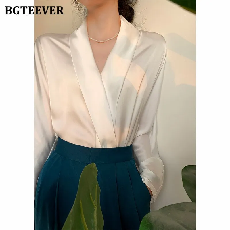 Joskaa Elegant V-neck Satin Women Blouses 2024 Autumn Ladies Blusas Full Sleeve Loose Office Wear Female Shirts Tops