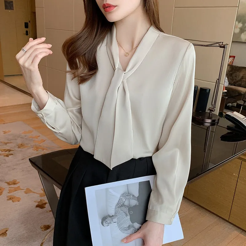 Joskaa New Office Lady Elegant Shirt Green Satin Blouse Women Long Sleeve Fashion Bow Tie Ribbon Tops Clothes Blusa Mujer 16707