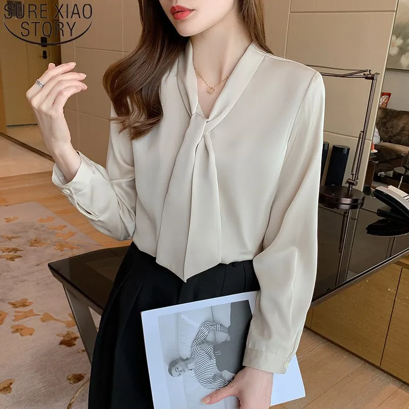 Joskaa New Office Lady Elegant Shirt Green Satin Blouse Women Long Sleeve Fashion Bow Tie Ribbon Tops Clothes Blusa Mujer 16707