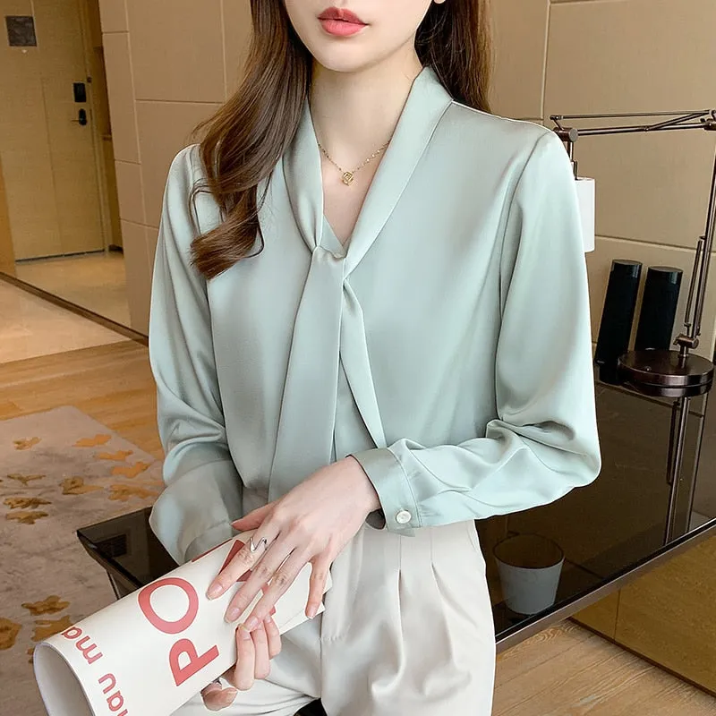 Joskaa New Office Lady Elegant Shirt Green Satin Blouse Women Long Sleeve Fashion Bow Tie Ribbon Tops Clothes Blusa Mujer 16707