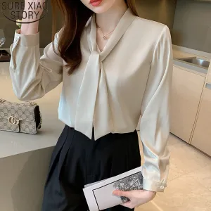 Joskaa New Office Lady Elegant Shirt Green Satin Blouse Women Long Sleeve Fashion Bow Tie Ribbon Tops Clothes Blusa Mujer 16707