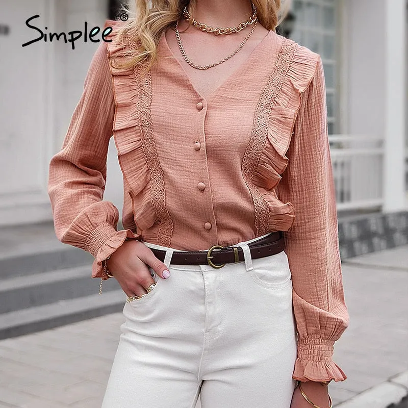 Joskaa Solid Cotton V-neck Women shirt Casual Spring Summer Long-sleeved Ruffled Female Tops Loose Elegant Office Lady Blouse