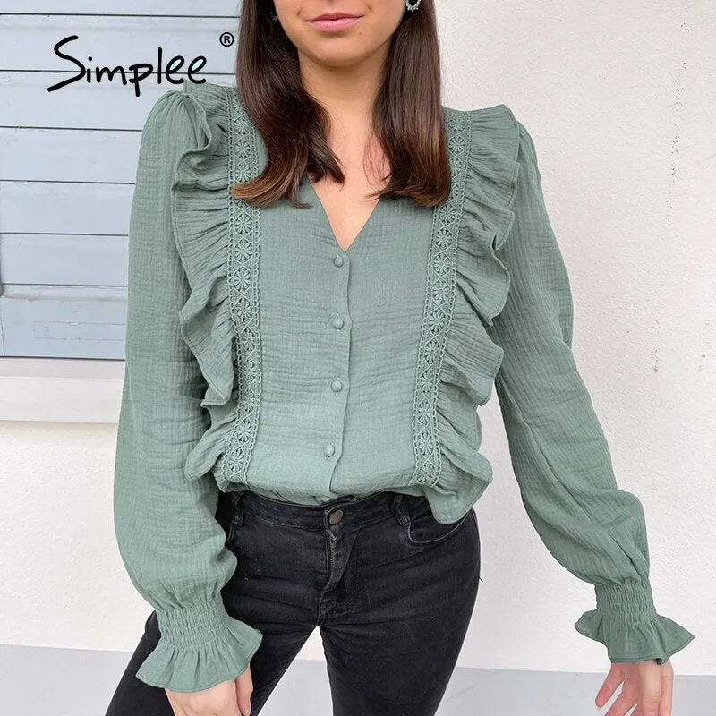 Joskaa Solid Cotton V-neck Women shirt Casual Spring Summer Long-sleeved Ruffled Female Tops Loose Elegant Office Lady Blouse