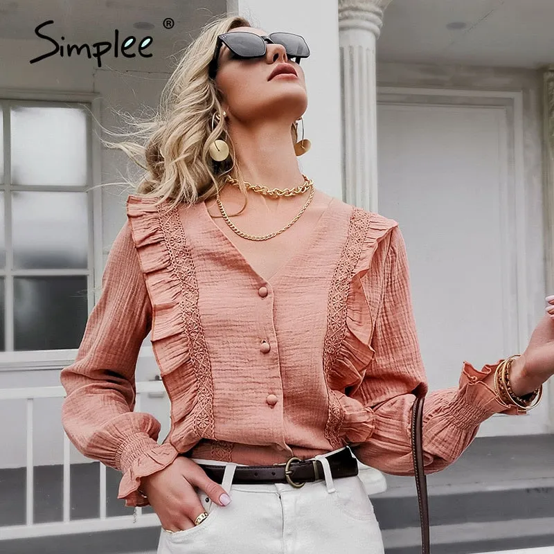 Joskaa Solid Cotton V-neck Women shirt Casual Spring Summer Long-sleeved Ruffled Female Tops Loose Elegant Office Lady Blouse