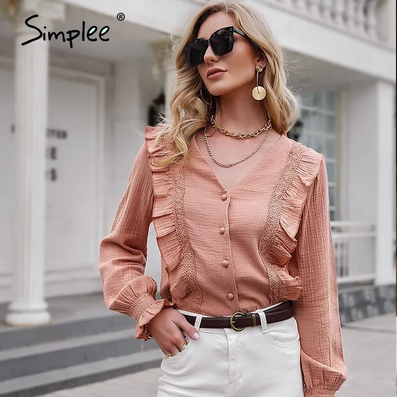 Joskaa Solid Cotton V-neck Women shirt Casual Spring Summer Long-sleeved Ruffled Female Tops Loose Elegant Office Lady Blouse