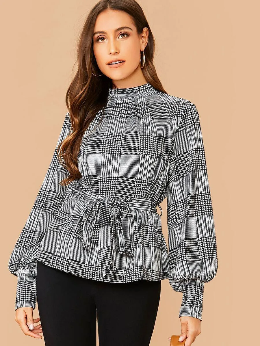 Keyhole Back Lantern Sleeve Belted Plaid Blouse