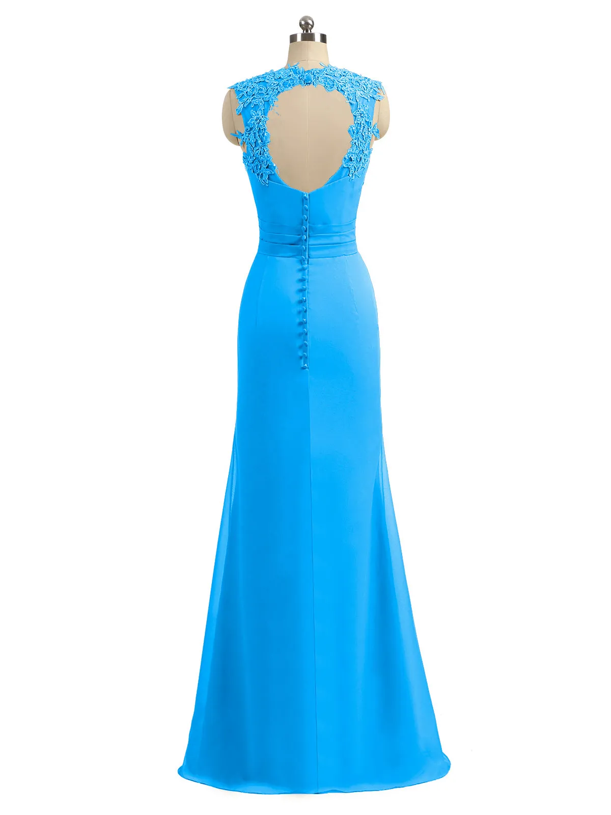 Lace Appliqued Strap Sheath Open Back Dress Ocean Blue