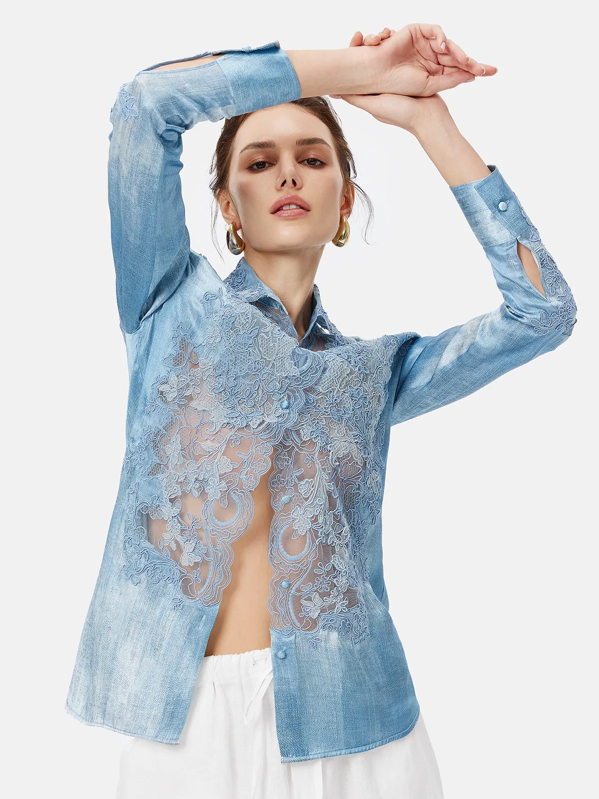 Lace Panel Washed Denim Shirt