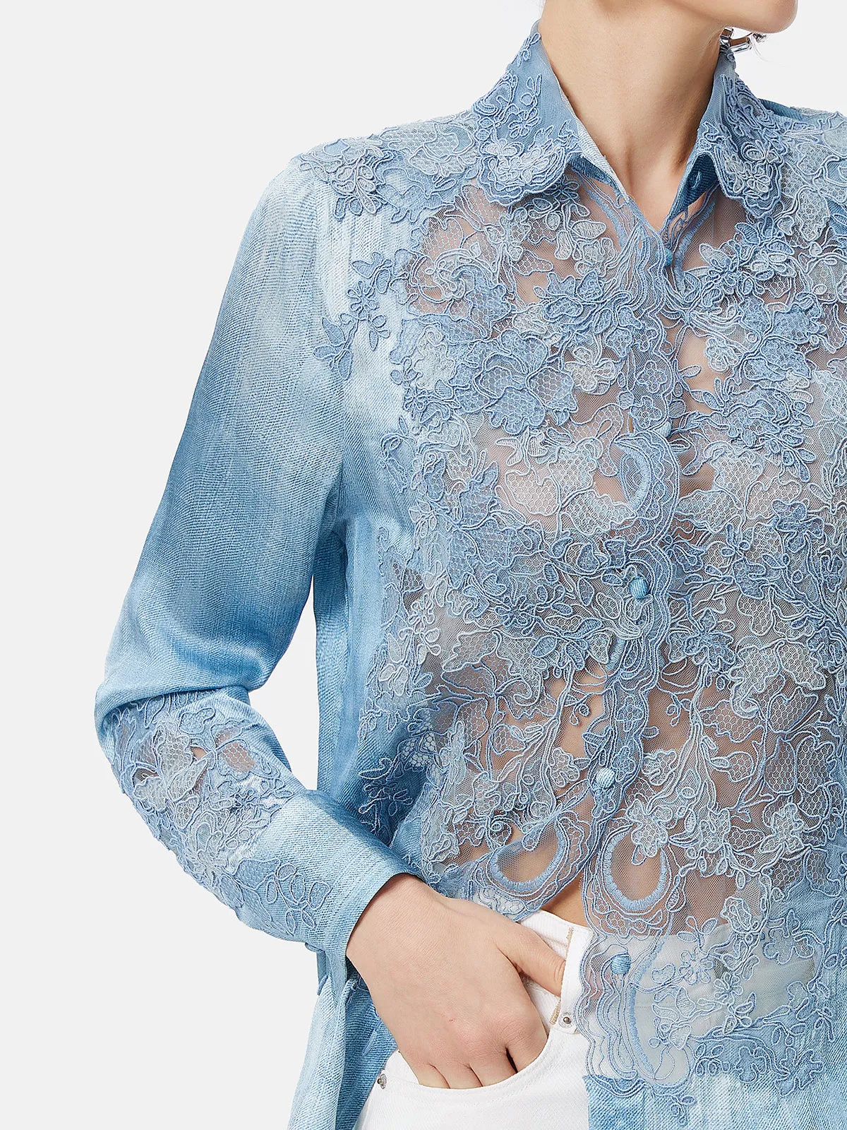 Lace Panel Washed Denim Shirt