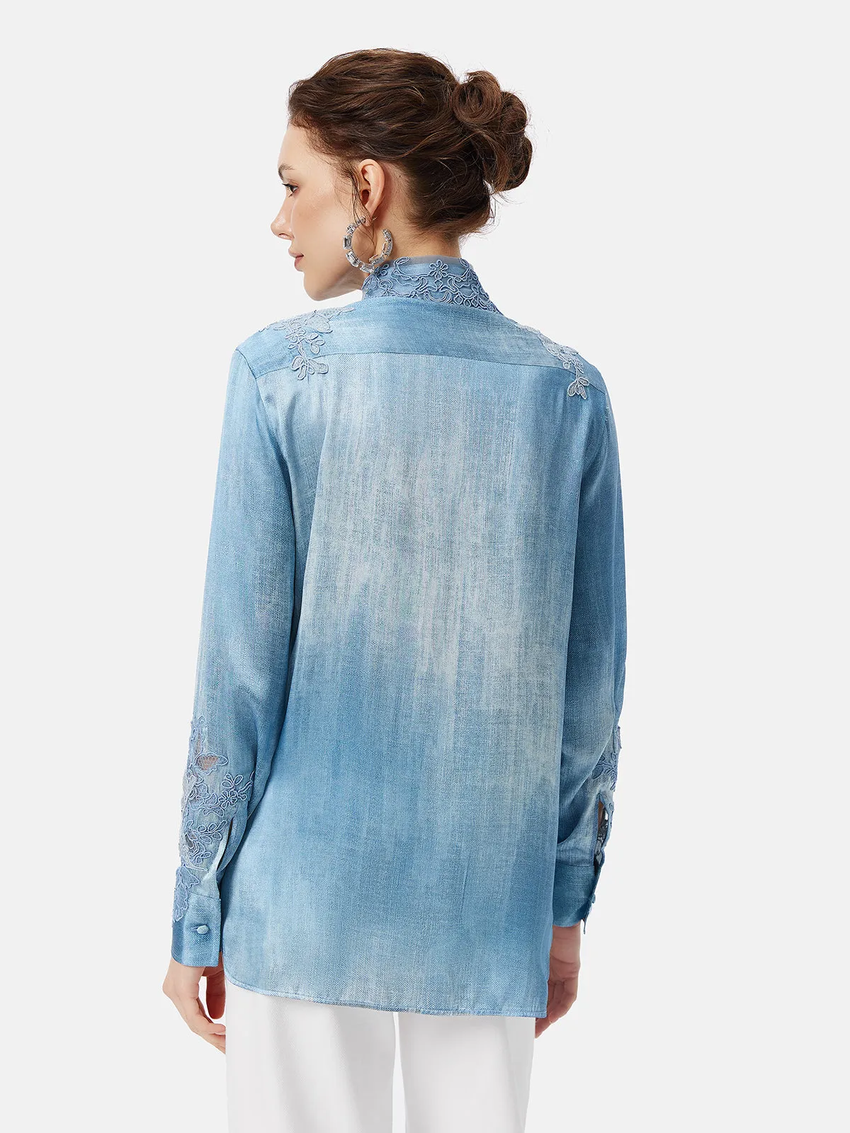 Lace Panel Washed Denim Shirt