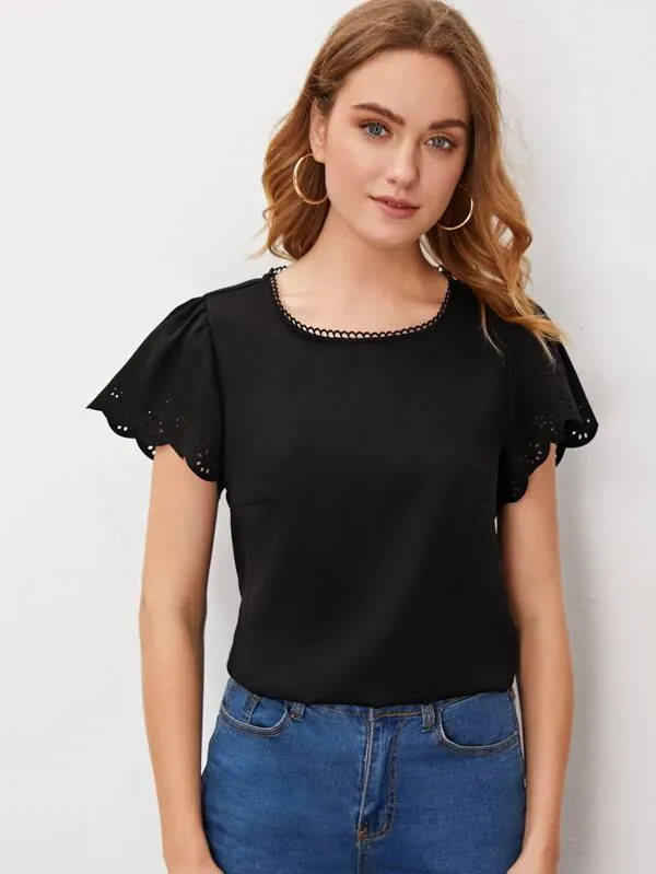 Lace Trim Scallop Cuff Laser Cut Sleeve Top