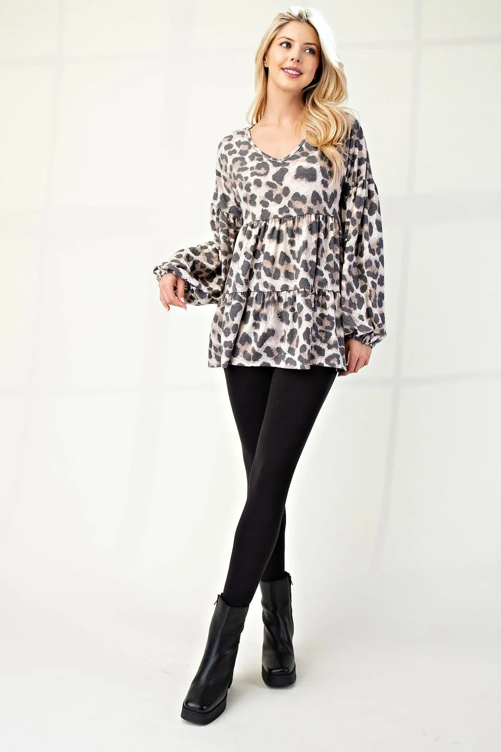 Leopard V-Neck Balloon Sleeve Tiered Top