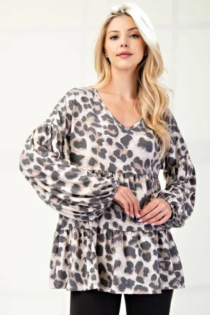 Leopard V-Neck Balloon Sleeve Tiered Top