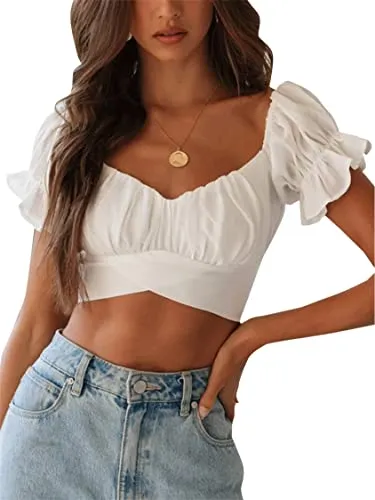 LYANER Women's Ruffle Short Sleeve Tie Up Back Crop Top Off Shoulder Bardot Blouse White X-Small