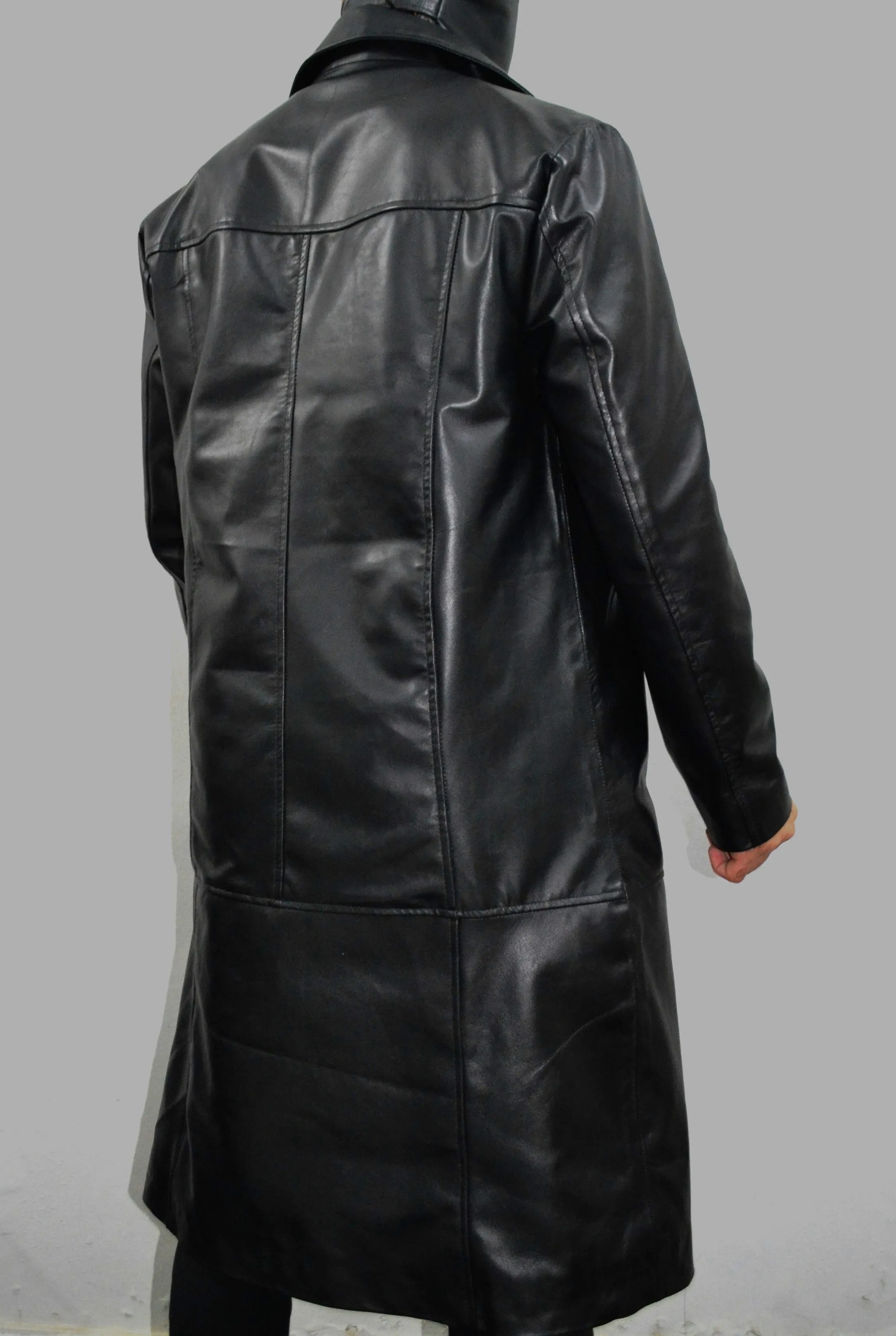 Men's Black Long Genuine Leather Buttoned Casual Trench Coat