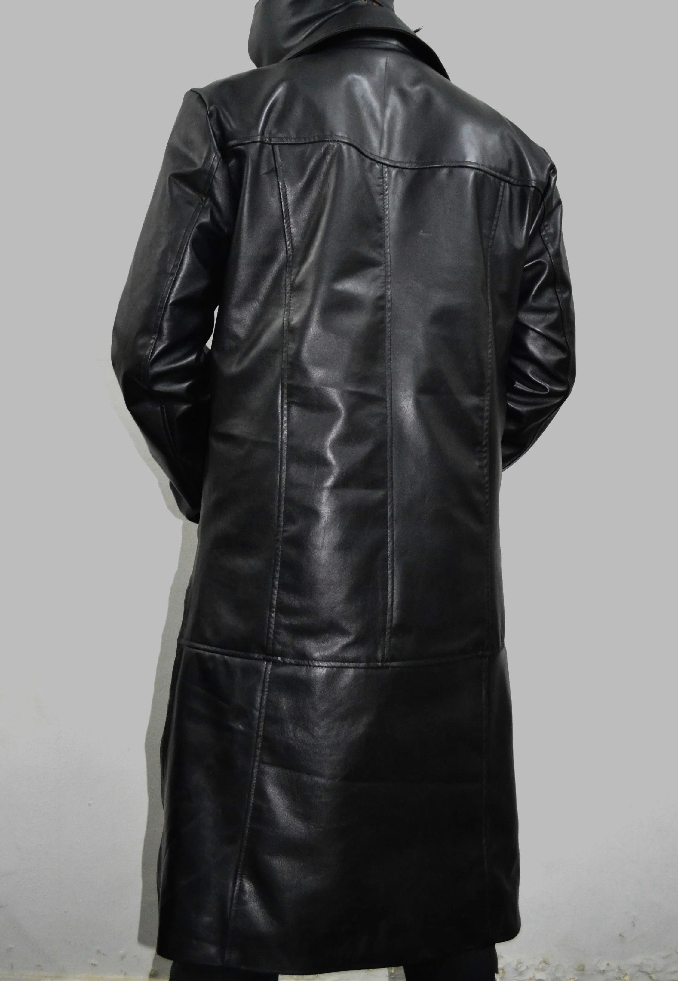 Men's Black Long Genuine Leather Buttoned Casual Trench Coat