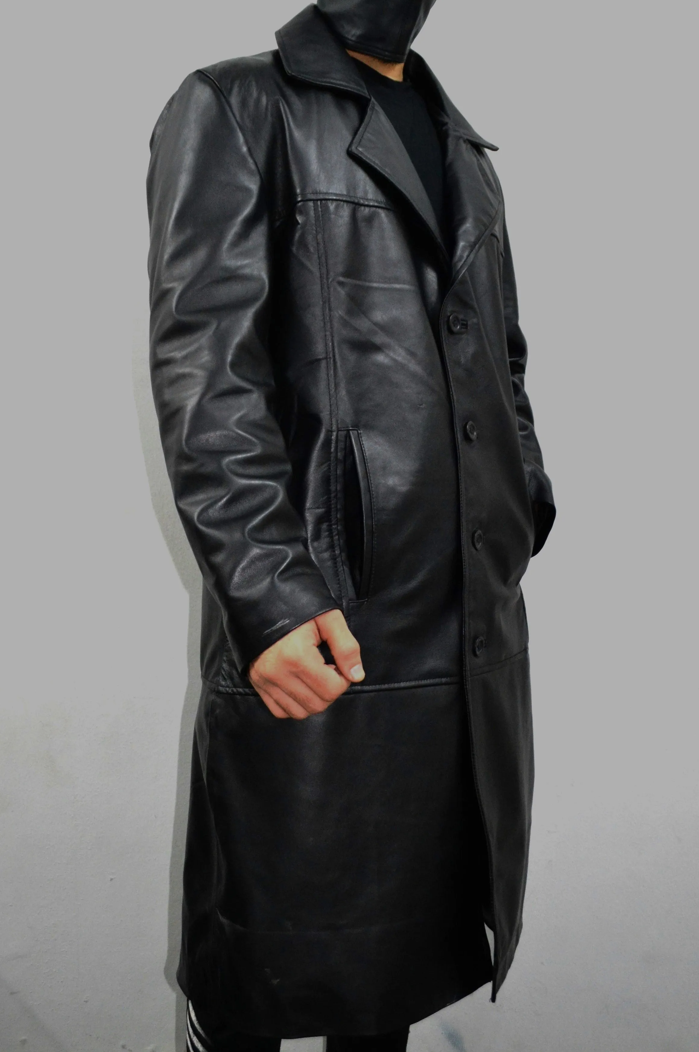 Men's Black Long Genuine Leather Buttoned Casual Trench Coat