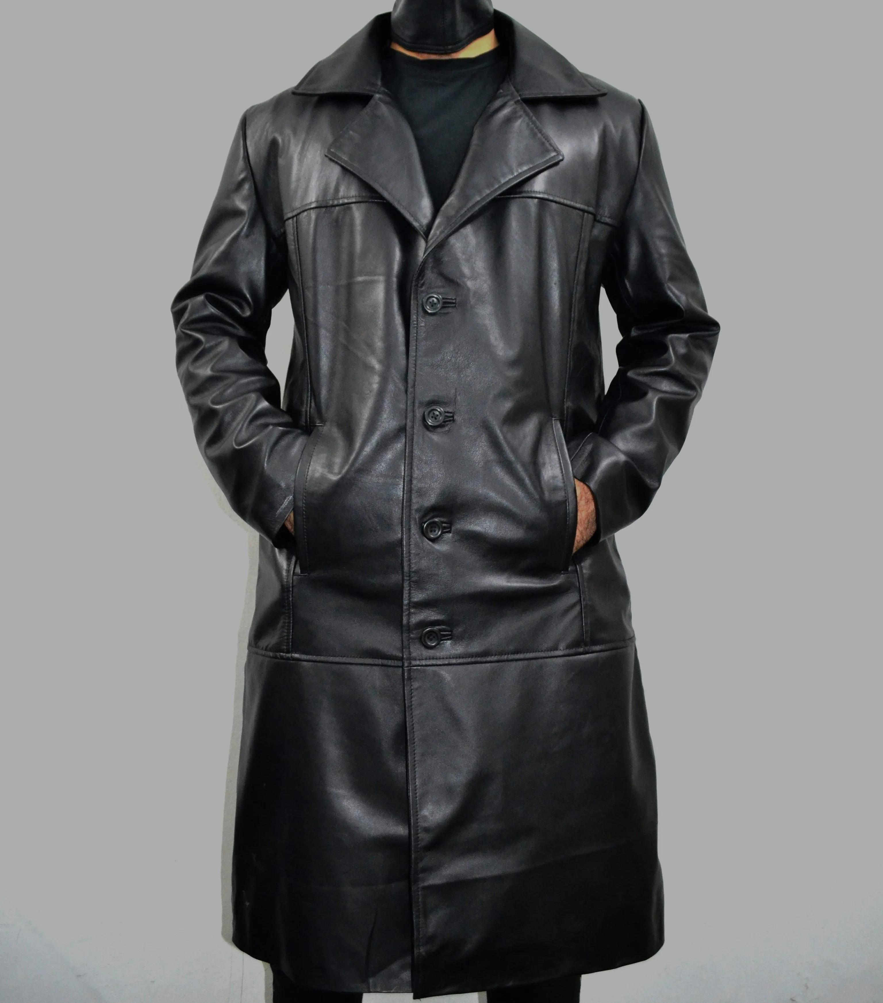 Men's Black Long Genuine Leather Buttoned Casual Trench Coat