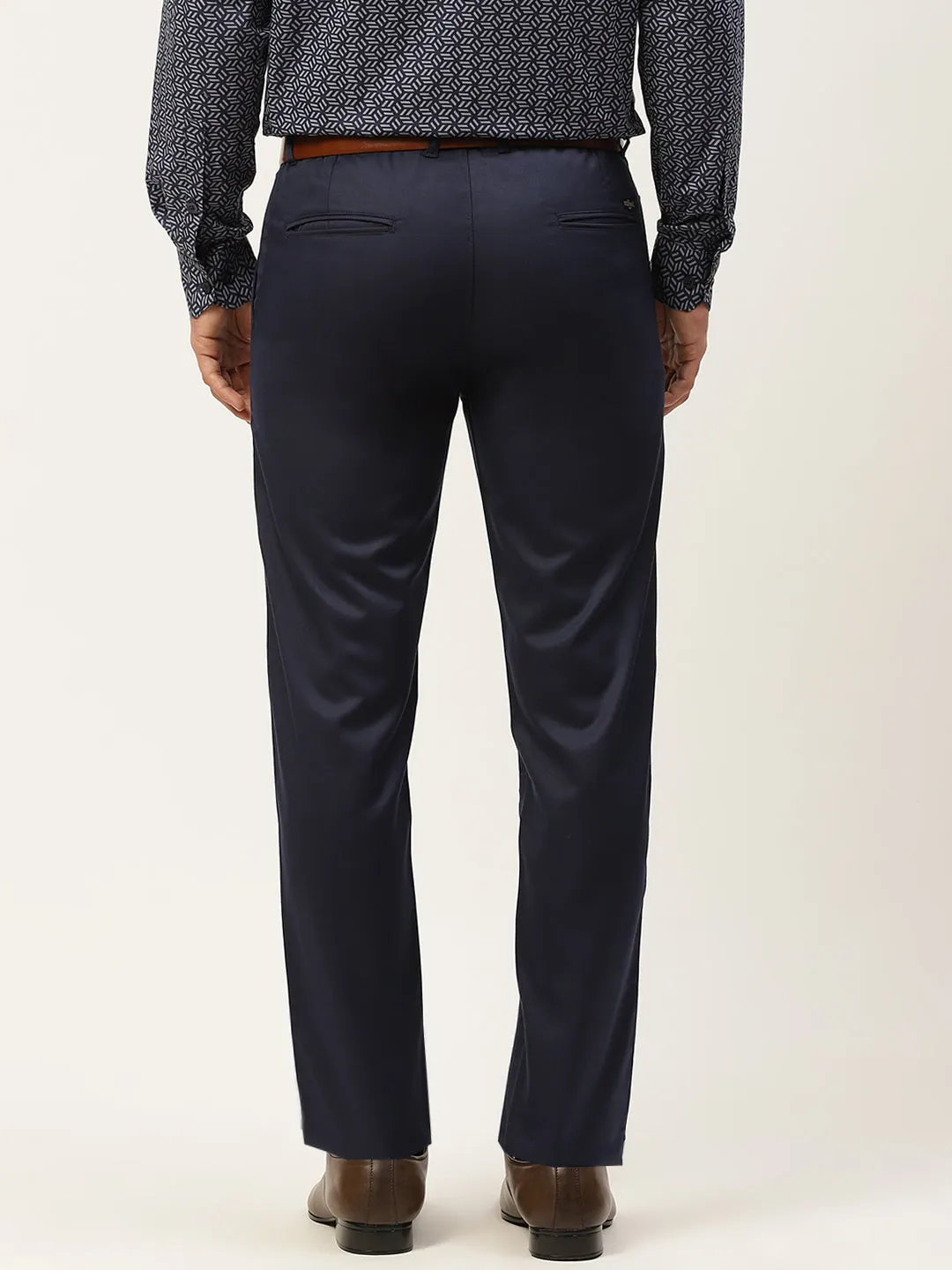 Men's Cotton Blend Navy Blue Solid Formal Trousers - Sojanya