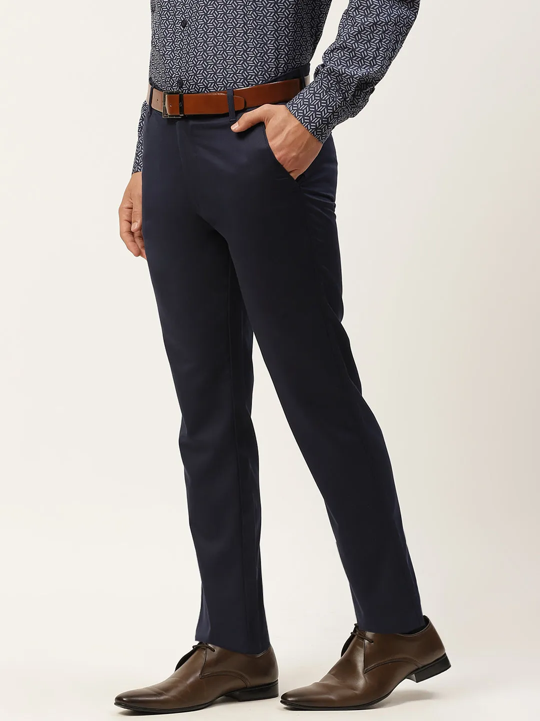 Men's Cotton Blend Navy Blue Solid Formal Trousers - Sojanya