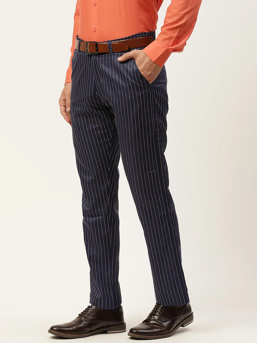 Men's Cotton Blend Navyblue & Offwhite Striped Formal Trousers - Sojanya