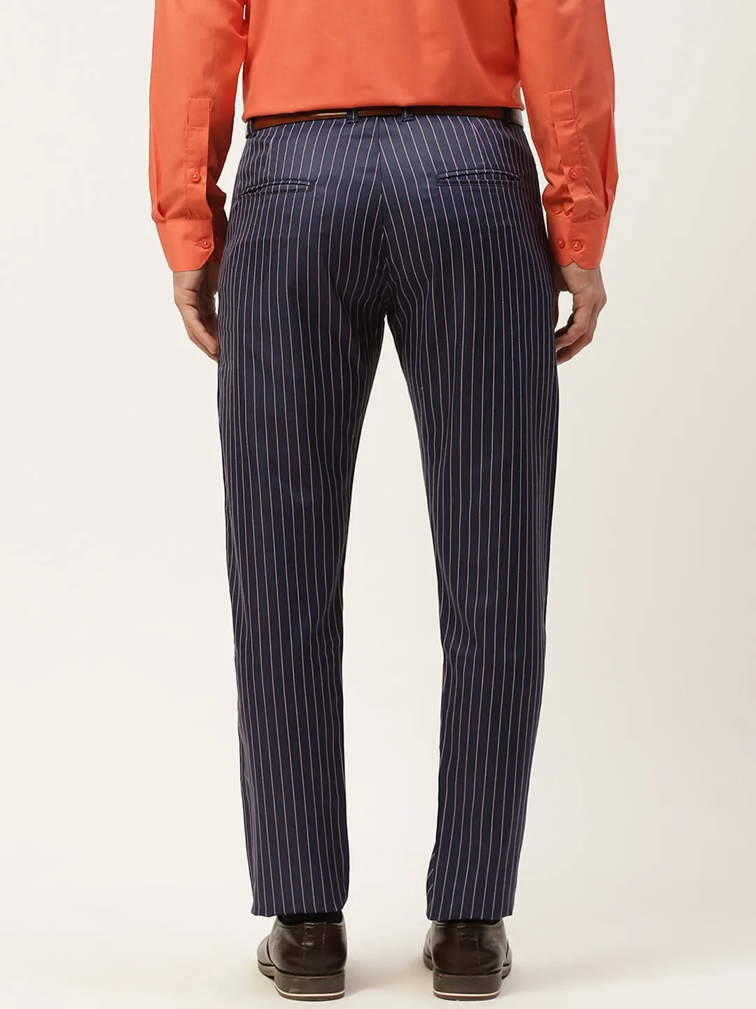 Men's Cotton Blend Navyblue & Offwhite Striped Formal Trousers - Sojanya