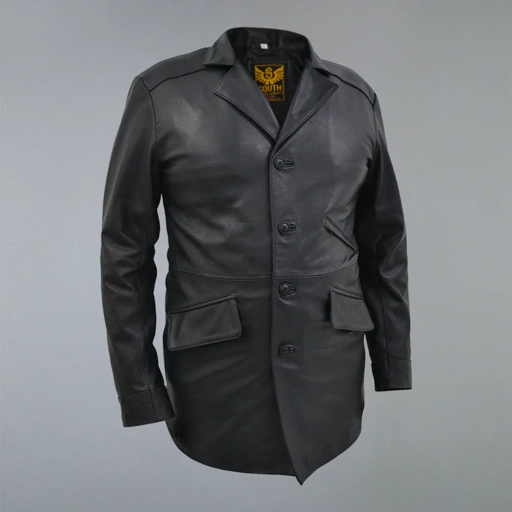 Men's Three Quarter Mid-Lenth Black Designer Genuine Leather Coat