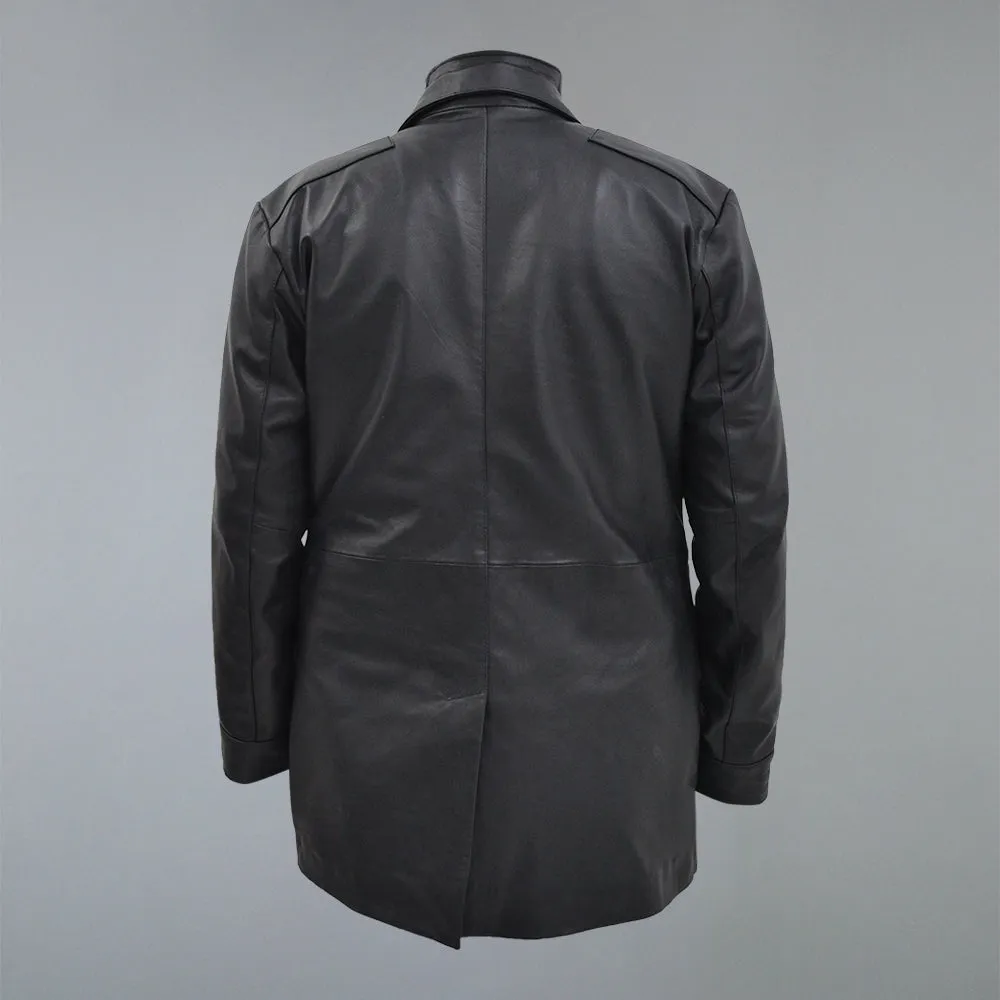 Men's Three Quarter Mid-Lenth Black Designer Genuine Leather Coat