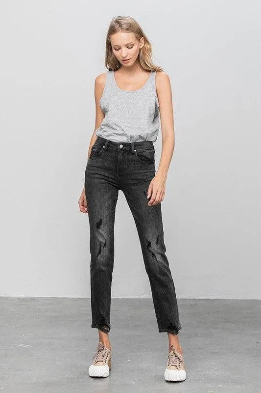 Mid Rise Ankle Black Straight Jeans