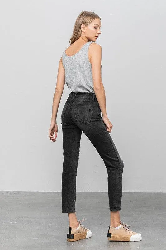 Mid Rise Ankle Black Straight Jeans