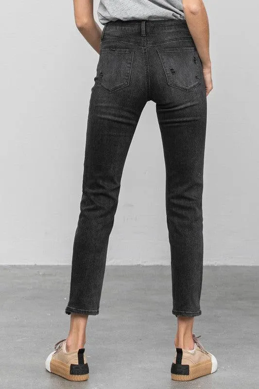 Mid Rise Ankle Black Straight Jeans