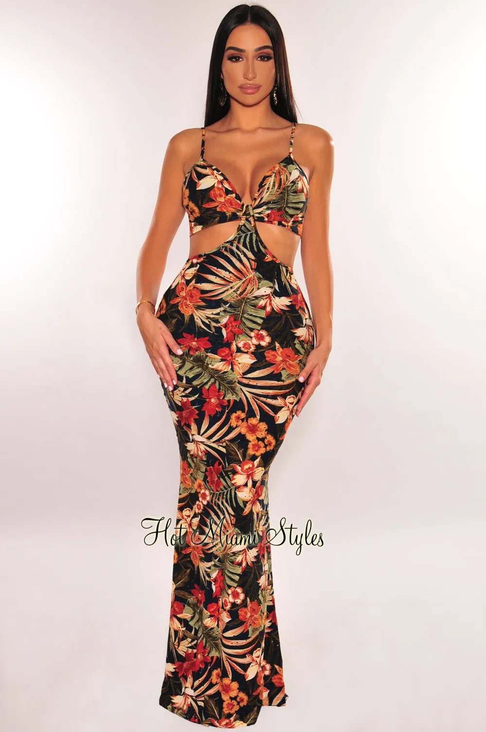 Navy Multi Color Tropical Print Spaghetti Straps Cut Out Maxi Dress