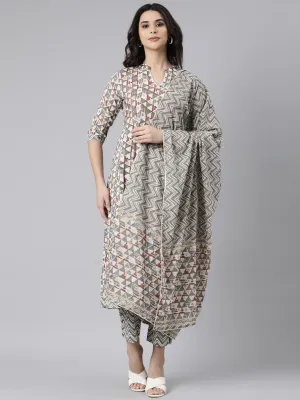 Neerus Multi Angrakha Straight Geometric Kurta And  Trousers With Dupatta