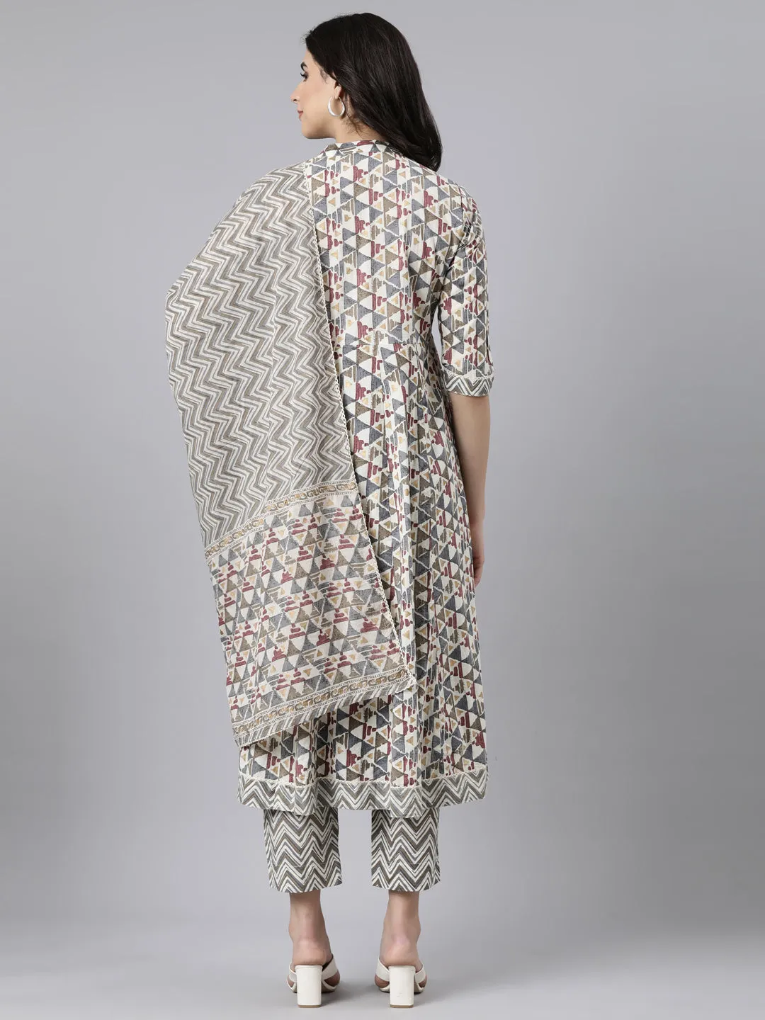 Neerus Multi Angrakha Straight Geometric Kurta And  Trousers With Dupatta